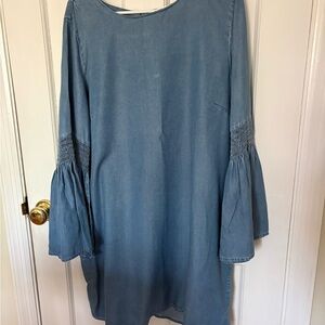 beachlunchlounge Light Blue Denim-Style Midi Dress with Smocked Bell Sleeves